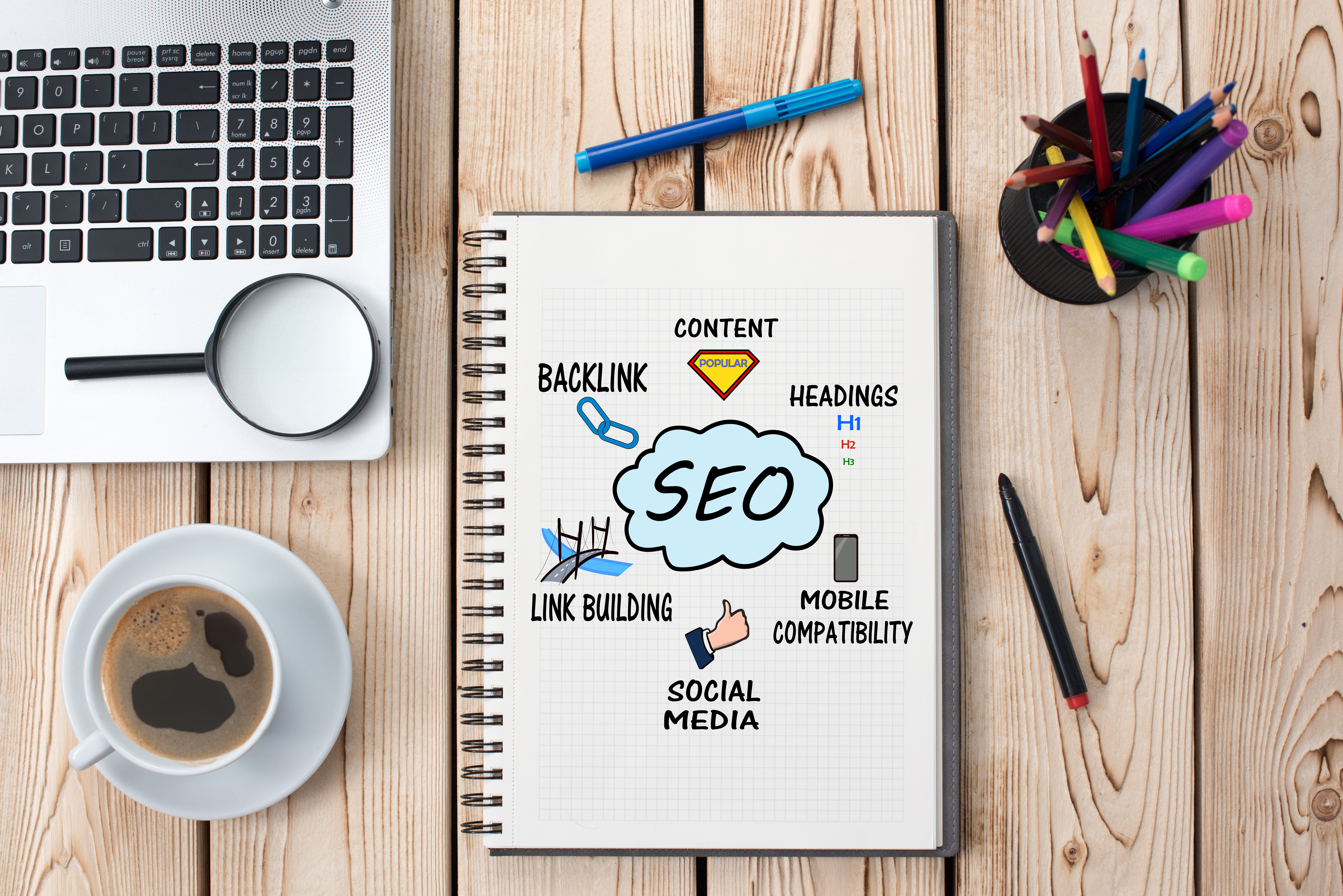 search engine optimization items on desk